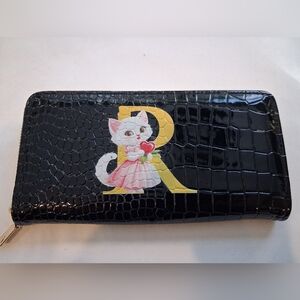 Black Faux Croc-Embossed Zip Wallet with Playful Cat Initial R
